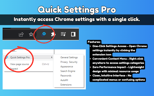 Quick Settings Pro  from Chrome web store to be run with OffiDocs Chromium online