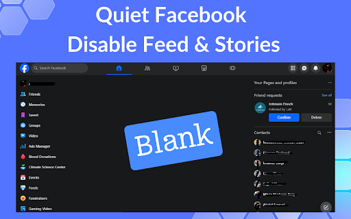 Quiet Facebook: Disable Feed  Stories  from Chrome web store to be run with OffiDocs Chromium online