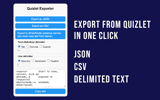Quizlet Exporter Export Flashcards to JSON, CSV, Text  from Chrome web store to be run with OffiDocs Chromium online