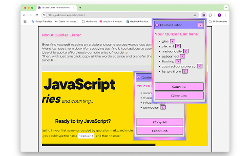 Quizlet Lister  from Chrome web store to be run with OffiDocs Chromium online