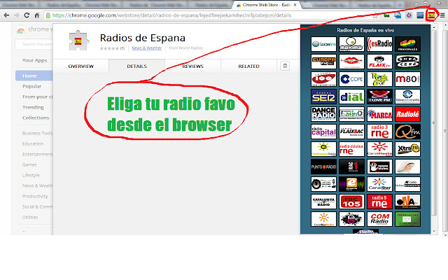 Radios de Espana  from Chrome web store to be run with OffiDocs Chromium online