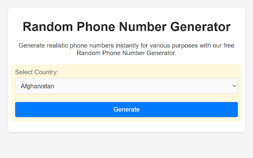 Random Phone Number Generator  from Chrome web store to be run with OffiDocs Chromium online