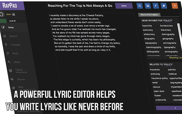 RapPad Write Better Lyrics da Chrome Web Store para ser executado com OffiDocs Chromium online
