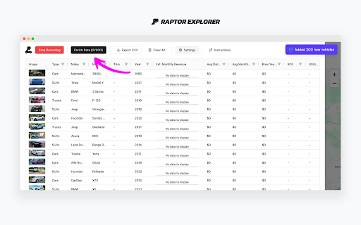 Raptor Explorer Car Rental Analytics for Turo  from Chrome web store to be run with OffiDocs Chromium online