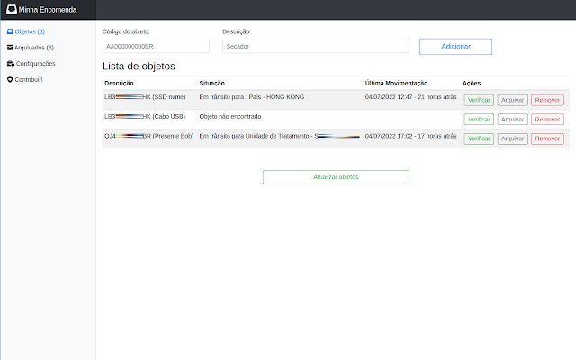 Rastreamento Correios Minha Encomenda  from Chrome web store to be run with OffiDocs Chromium online