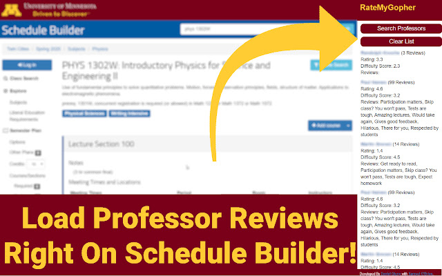 Rate My Gopher UMN Professor Ratings  from Chrome web store to be run with OffiDocs Chromium online