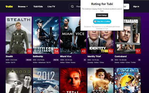 Rating for Tubi  from Chrome web store to be run with OffiDocs Chromium online