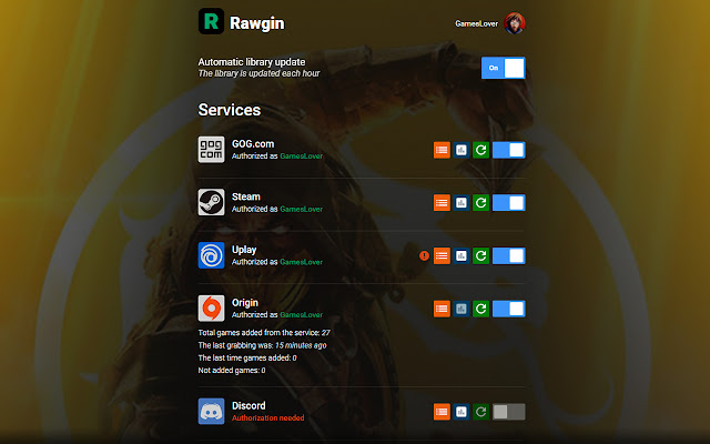Rawgin game library assistant  from Chrome web store to be run with OffiDocs Chromium online