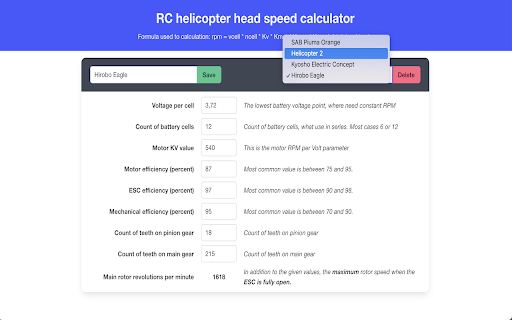 RC heli head speed calculator  from Chrome web store to be run with OffiDocs Chromium online