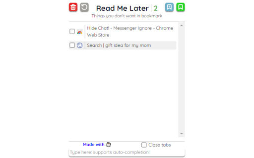 Read Me Later Save Tabs to Read List  from Chrome web store to be run with OffiDocs Chromium online