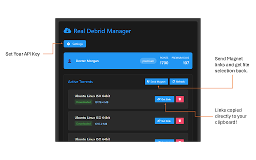 Real Debrid Manager  from Chrome web store to be run with OffiDocs Chromium online