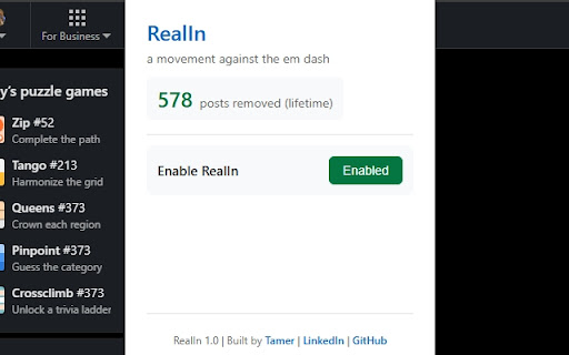 RealIn: LinkedIn AI Filter  from Chrome web store to be run with OffiDocs Chromium online