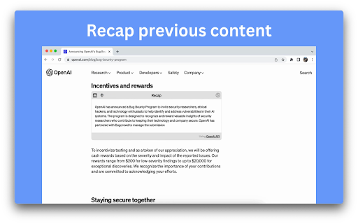 Recap: Smart Split and Summarize with ChatGPT  from Chrome web store to be run with OffiDocs Chromium online
