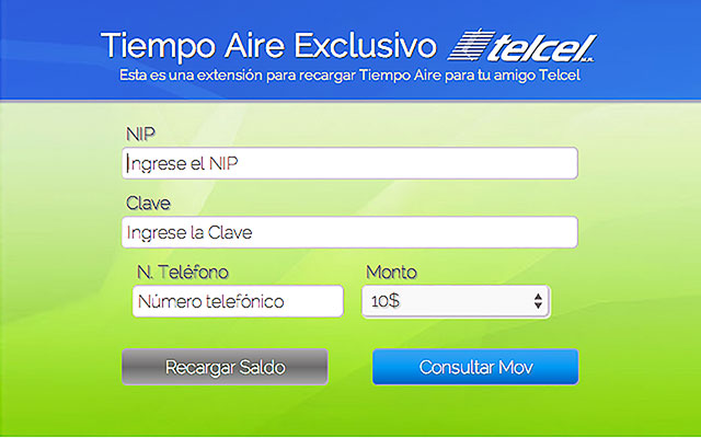 Recarga Tiempo Aire de Telcel Micropayments  from Chrome web store to be run with OffiDocs Chromium online