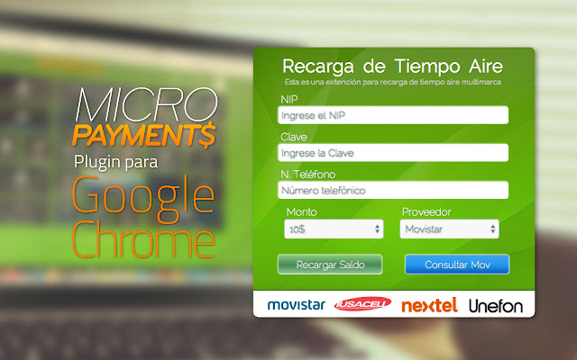 Recarga Tiempo Aire MultiMarca Micropayments  from Chrome web store to be run with OffiDocs Chromium online