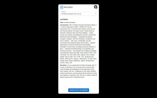 Reccopilot LinkedIn Extension – Source  Post Jobs Seamlessly  from Chrome web store to be run with OffiDocs Chromium online