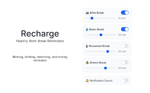 Recharge Healthy Work Break Reminders  from Chrome web store to be run with OffiDocs Chromium online