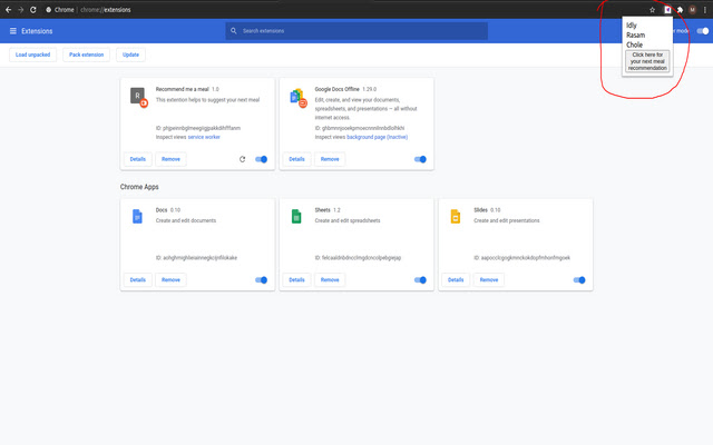 Recommend me a meal  from Chrome web store to be run with OffiDocs Chromium online