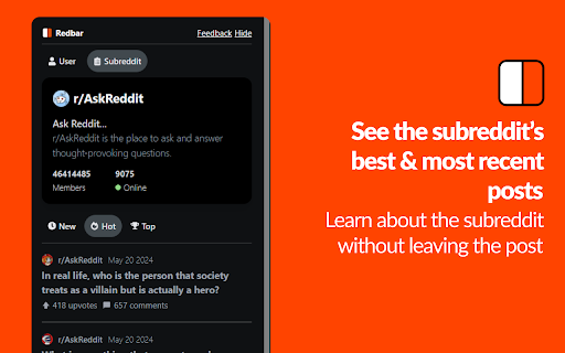 Redbar: Sidebar for Reddit  from Chrome web store to be run with OffiDocs Chromium online