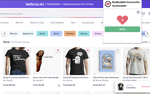 Redbubble Favorite Automator  from Chrome web store to be run with OffiDocs Chromium online
