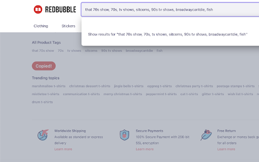 Redbubble Tag Grabber  from Chrome web store to be run with OffiDocs Chromium online