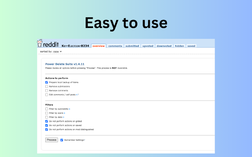 Reddit Bulk Delete Delete Posts, Comments, and Backup Account Content  from Chrome web store to be run with OffiDocs Chromium online