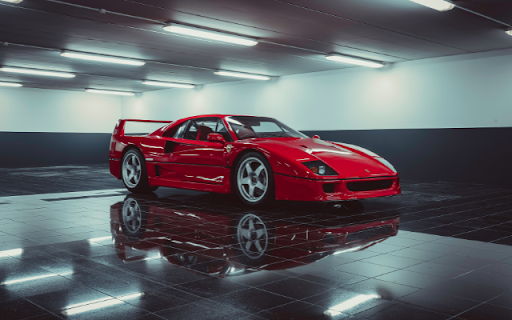Red Ferrari on a Black Floor: A Bold Contrast of Luxury and Elegance  from Chrome web store to be run with OffiDocs Chromium online