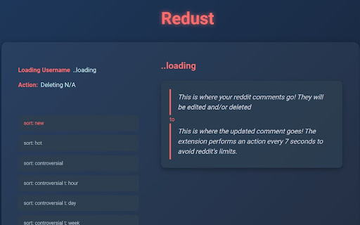 Redust: Reddit History Remover  from Chrome web store to be run with OffiDocs Chromium online