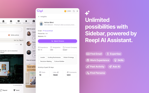Reepl AI LinkedIn Post Writer, Lead Finder, CRM, Auto DMs, Streaks  More  from Chrome web store to be run with OffiDocs Chromium online