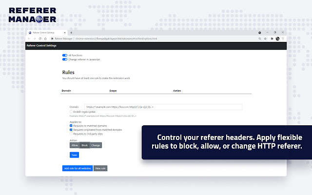 Referer Manager  from Chrome web store to be run with OffiDocs Chromium online