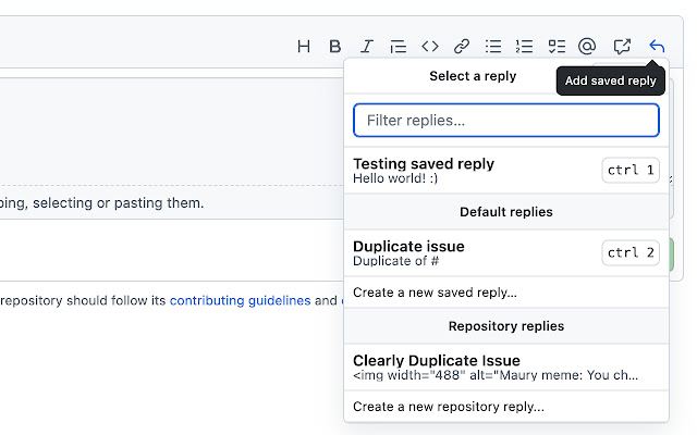 Refined Saved Replies  from Chrome web store to be run with OffiDocs Chromium online