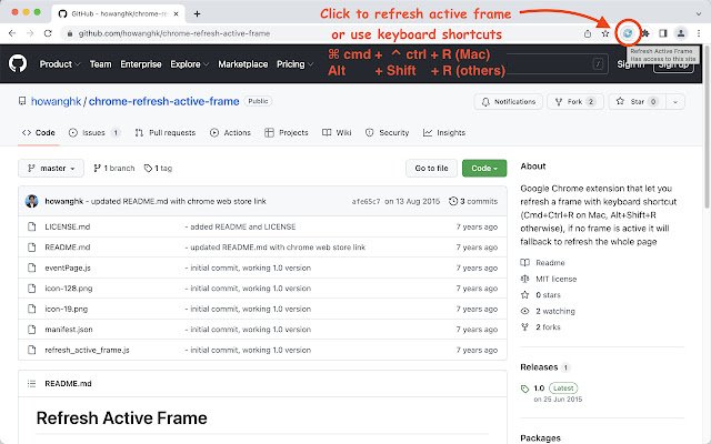 Refresh Active Frame  from Chrome web store to be run with OffiDocs Chromium online