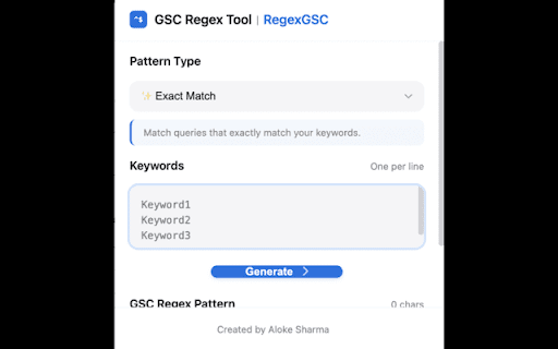 RegexGSC: Exact Match Regex Generator for GSC  from Chrome web store to be run with OffiDocs Chromium online
