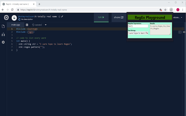 RegEx Playground  from Chrome web store to be run with OffiDocs Chromium online