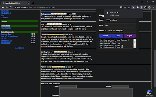 Regex Search and Extract  from Chrome web store to be run with OffiDocs Chromium online
