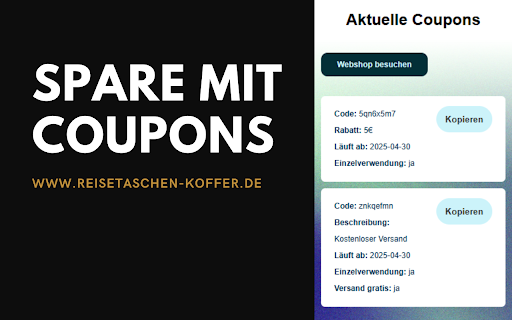 Reisetaschen und Koffer Coupons  from Chrome web store to be run with OffiDocs Chromium online