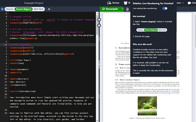 Relative Line Numbering for Overleaf  from Chrome web store to be run with OffiDocs Chromium online
