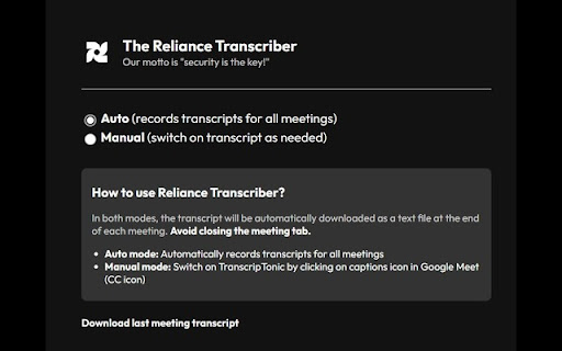 Reliance Transriptor  from Chrome web store to be run with OffiDocs Chromium online
