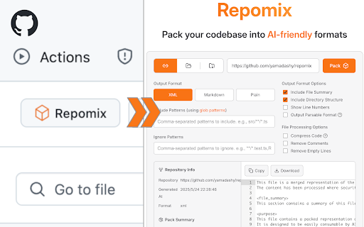 Repomix  from Chrome web store to be run with OffiDocs Chromium online