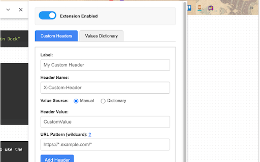 Request Add Headers  from Chrome web store to be run with OffiDocs Chromium online