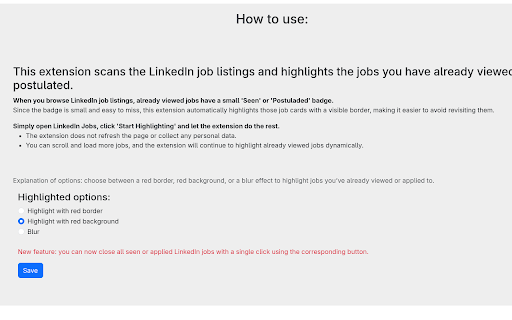 Resaltado de Trabajos Vistos en LinkedIn  from Chrome web store to be run with OffiDocs Chromium online