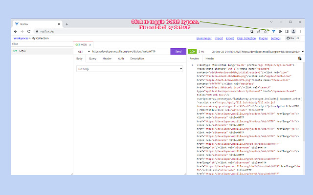 Restfox CORS Helper  from Chrome web store to be run with OffiDocs Chromium online