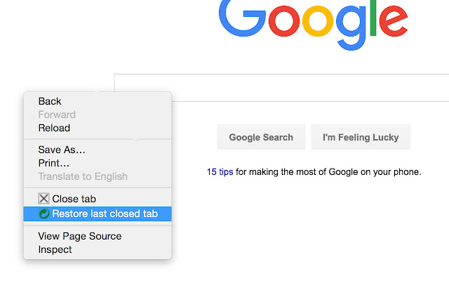 Restore Last Closed Tab in Context Menu  from Chrome web store to be run with OffiDocs Chromium online