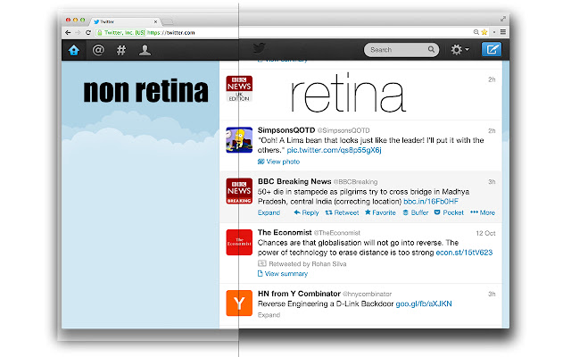 Chrome ウェブストアの Retina Twitter を OffiDocs Chromium オンラインで実行