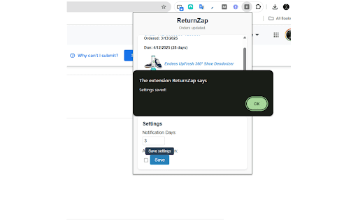 ReturnZap  from Chrome web store to be run with OffiDocs Chromium online