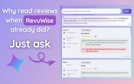RevuWise: Booking.com AI Assistant for Hotel Search  Guest Reviews  from Chrome web store to be run with OffiDocs Chromium online