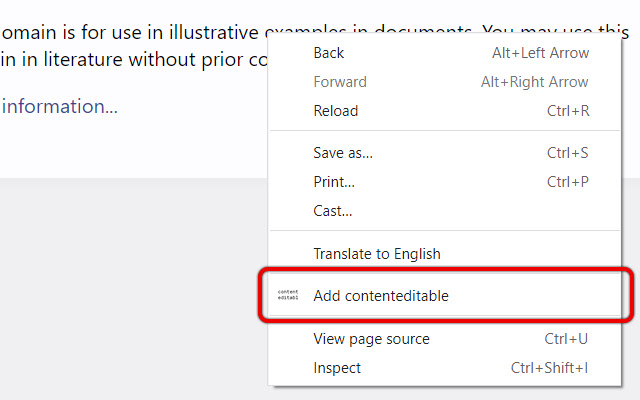 Right click contenteditable  from Chrome web store to be run with OffiDocs Chromium online