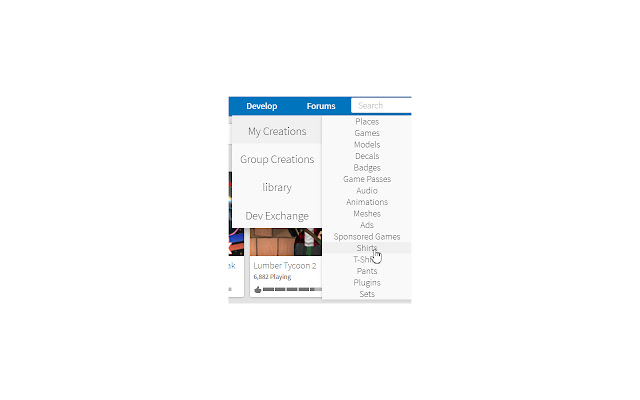 Roblox Catalog and Develop dropdown menu  from Chrome web store to be run with OffiDocs Chromium online