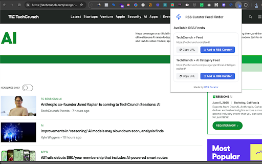 RSS Curator Feed Finder  from Chrome web store to be run with OffiDocs Chromium online