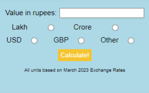 Rupee Unit Converter  from Chrome web store to be run with OffiDocs Chromium online